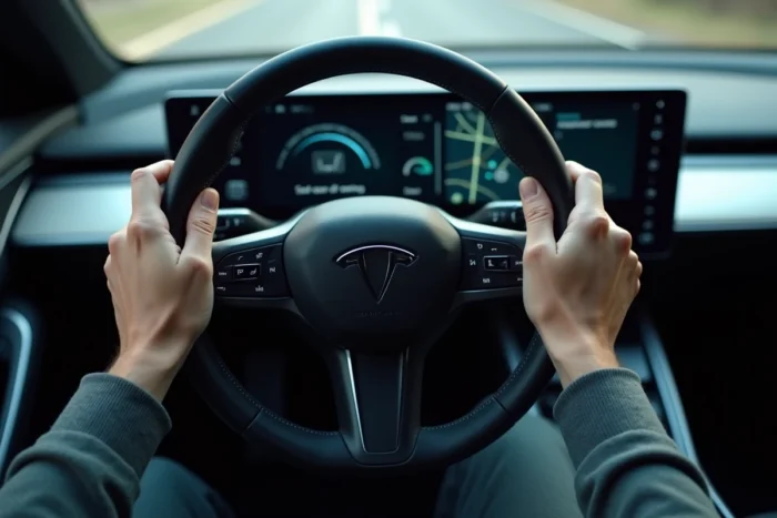 Vue rapprochée du volant se rétracter lors de l'activation du mode de conduite autonome avec affichage du tableau de bord numérique