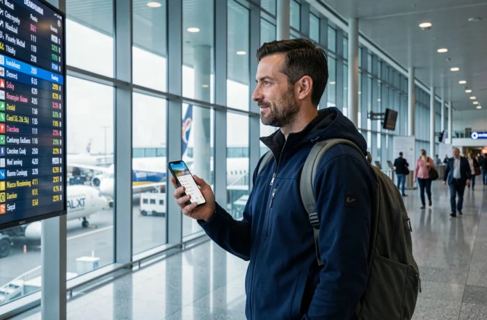 Voyageur connecté consultant une application de voyage sur smartphone dans un terminal d'aéroport international