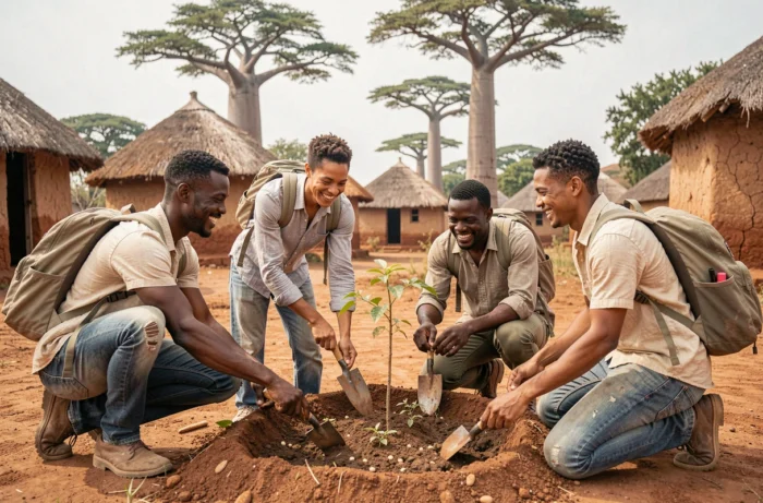 Des voyageurs solidaires et des villageois africains travaillant ensemble dans un jardin communautaire rural, illustrant les principes du tourisme solidaire