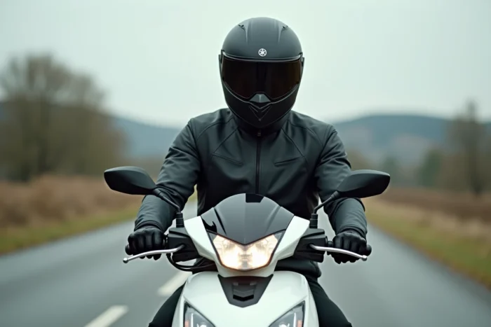 Jeune motard en équipement complet sur un Yamaha XMAX 125 blanc sur une route de campagne française