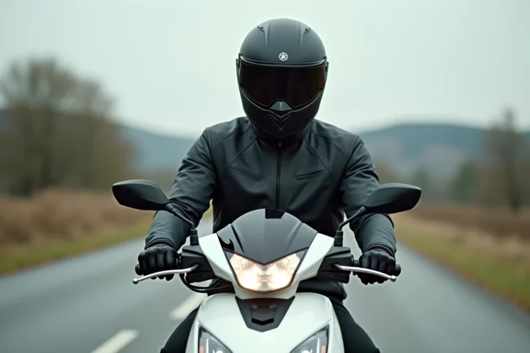 Jeune motard en équipement complet sur un Yamaha XMAX 125 blanc sur une route de campagne française